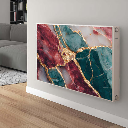 Marble-patterned magnetic radiator cover on a wall in a living room setting