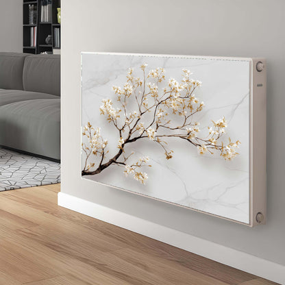 Modern magnetic radiator cover with decorative design in a living room setting