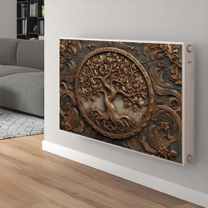 Decorative magnetic radiator cover with tree design in a modern living room.
