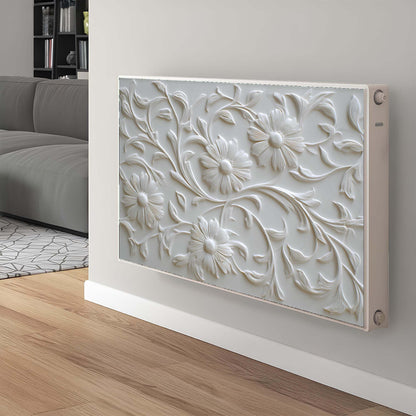 Decorative magnetic radiator cover with floral design in a living room setting
