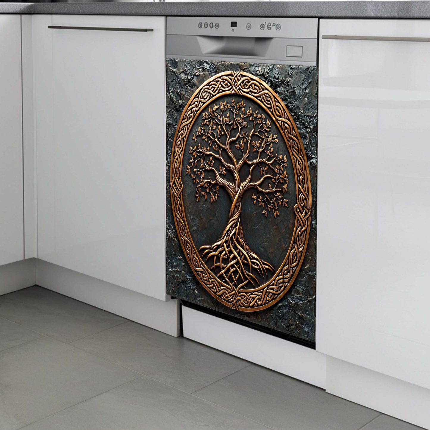 Decorative magnetic cover with tree design on a kitchen cabinet.