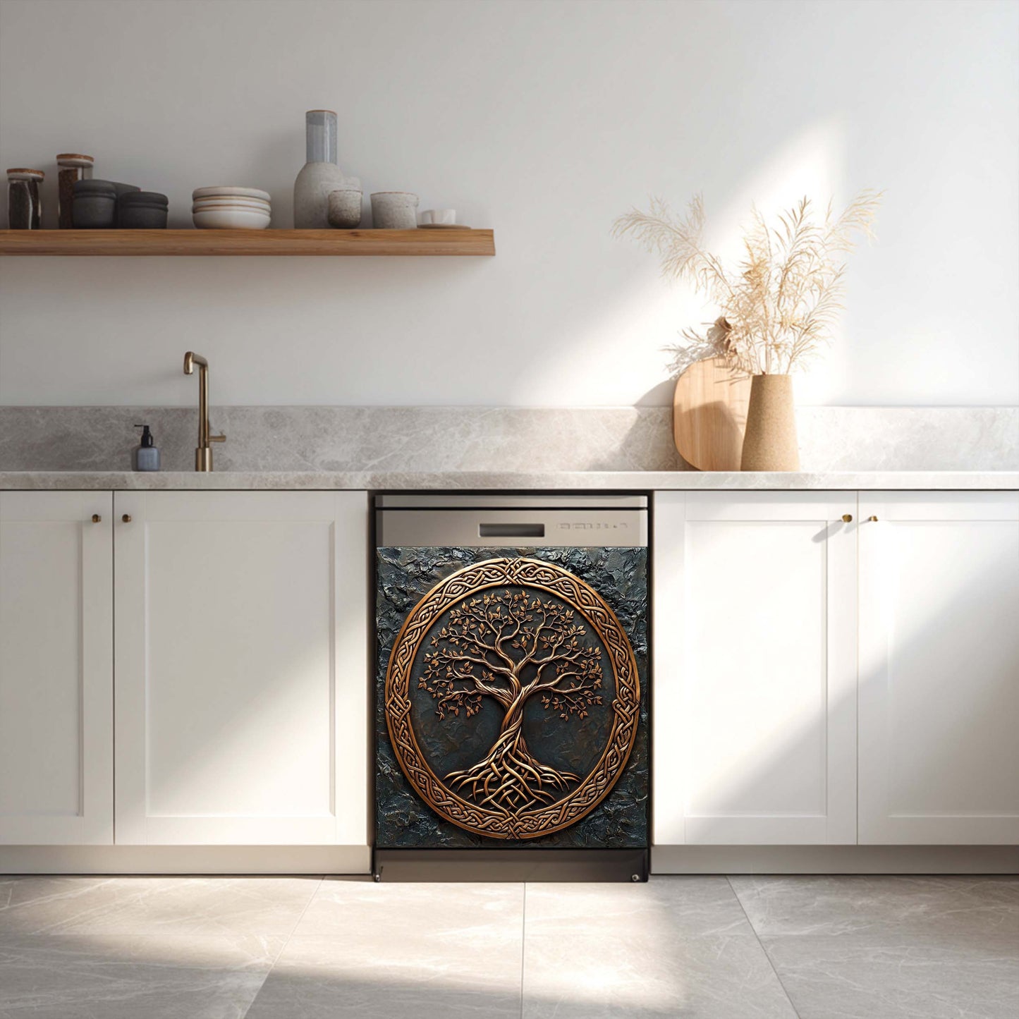 Decorative dish washer magnet cover with tree of life design in a modern kitchen.