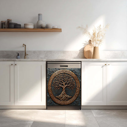 Decorative dish washer magnet cover with tree of life design in a modern kitchen.