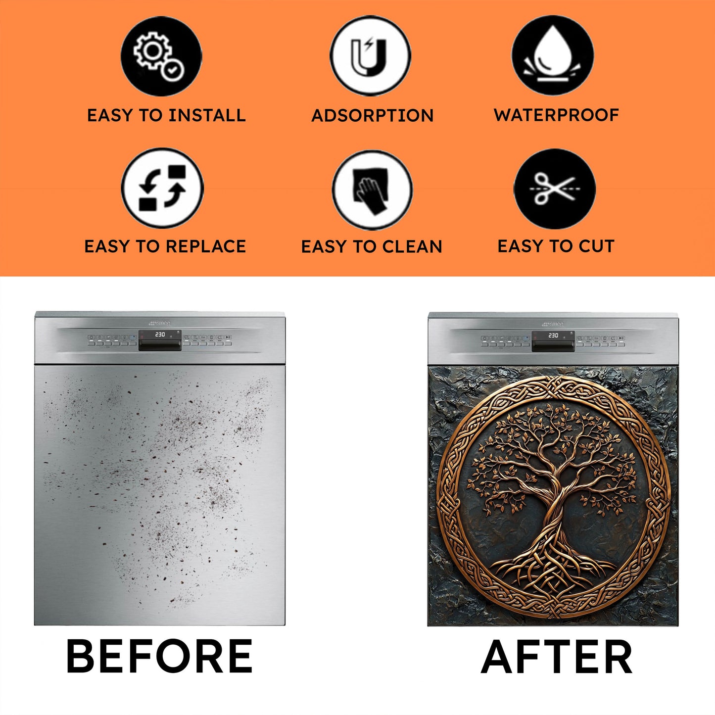 Before and after comparison of a dishwasher with decorative tree design on an orange background.