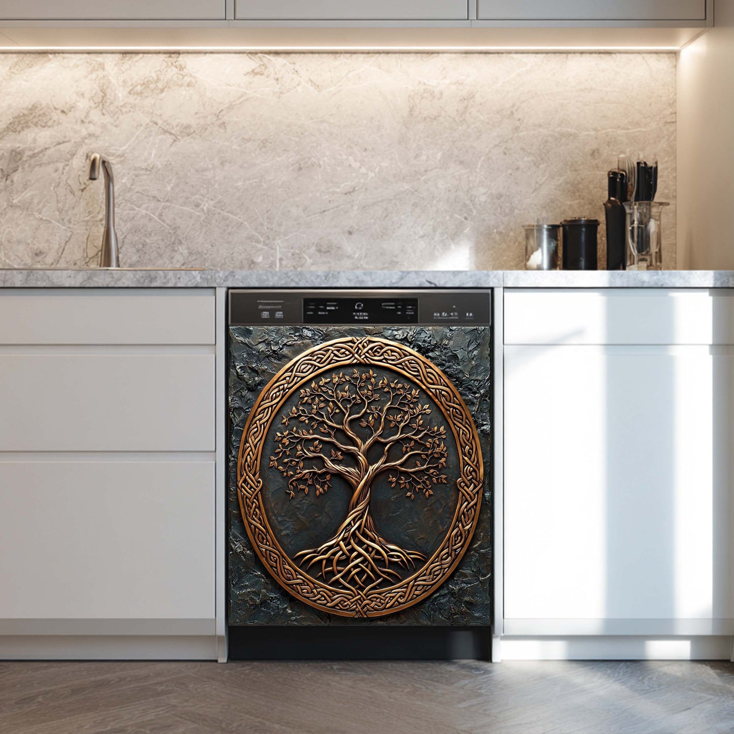 Dishwasher with decorative tree of life design in a modern kitchen.