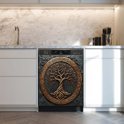 Dishwasher with decorative tree of life design in a modern kitchen.