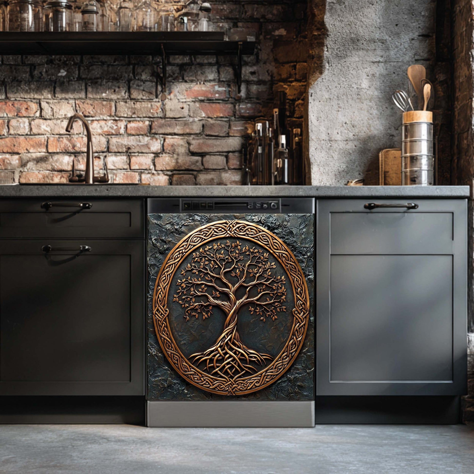 Decorative kitchen with stone wall and metallic tree emblem on a dishwasher magnet cover.