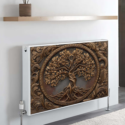 Decorative magnetic radiator cover with tree design on a wall