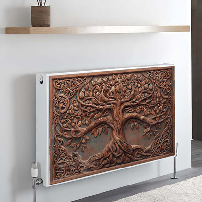 Decorative magnetic radiator cover with tree design on a wall