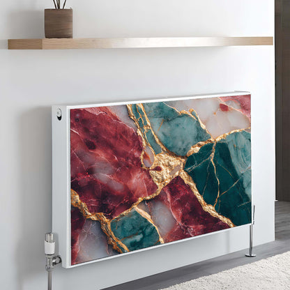 Marble-patterned magnetic radiator cover with colorful design on a wall.