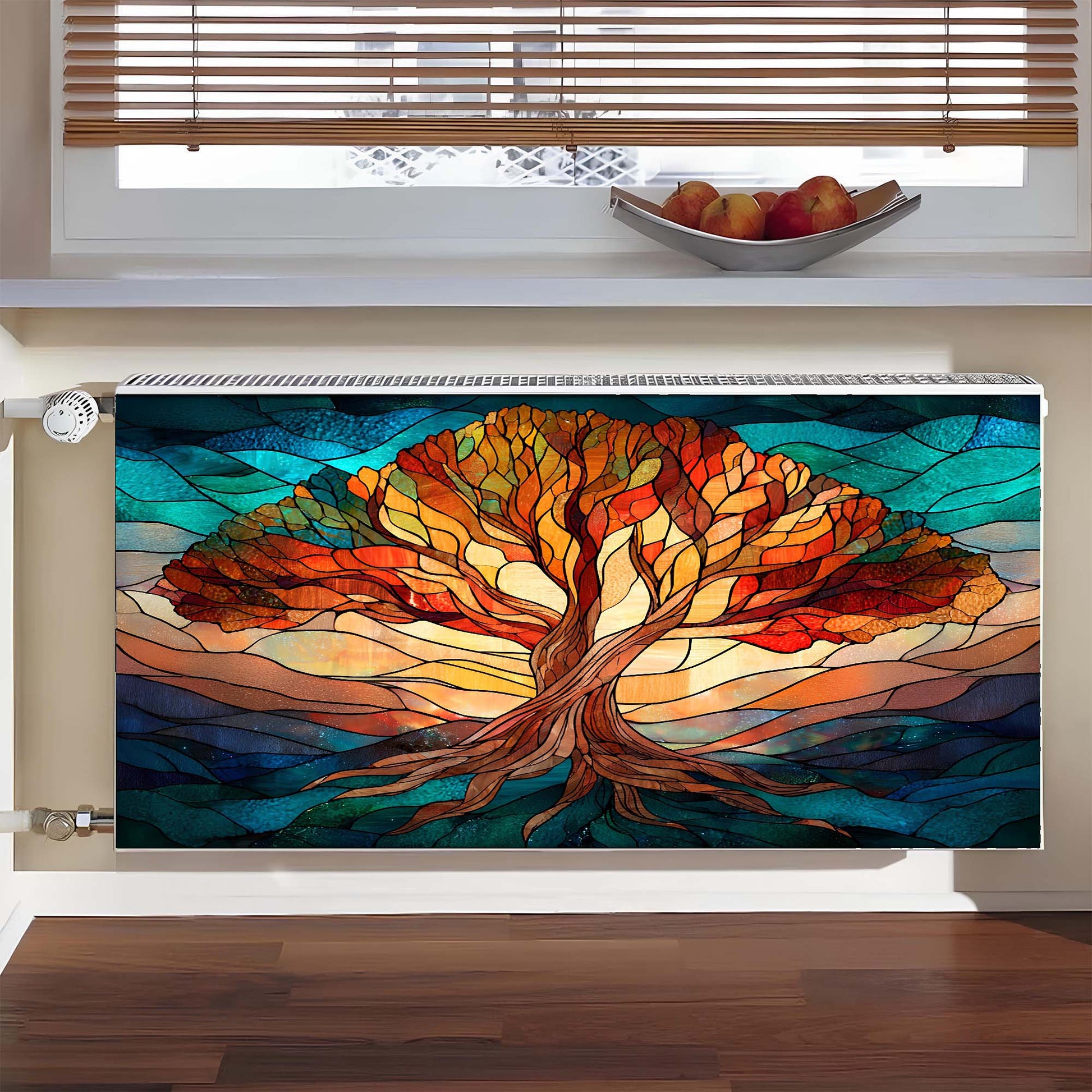 Colorful tree design on a radiator cover with a window and apples in the background.