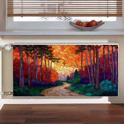 Decorative magnetic radiator cover with a colorful forest design in a room with a window and fruit bowl.