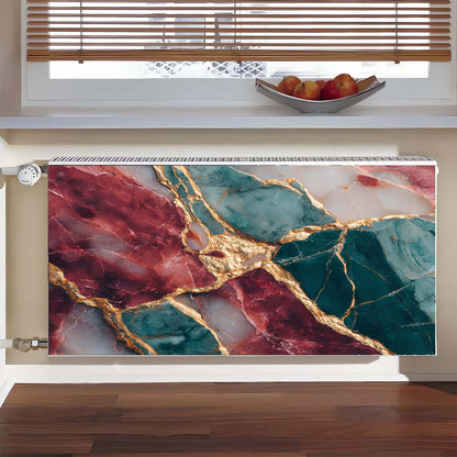 Decorative magnetic radiator cover with a marble pattern in a room with a window and fruit bowl.