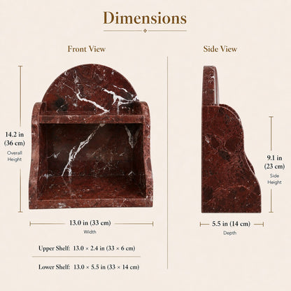 A dimension diagram showing a red marble shelf from the front and side views with labeled measurements for overall height, width, depth, and shelf sizes on a light beige background.