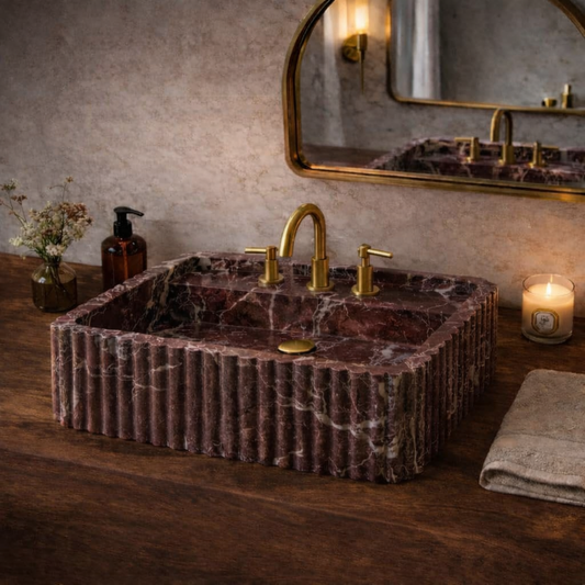 Rosso Levanto Hand-Carved Marble Sink for Bathroom & Kitchen | E-8