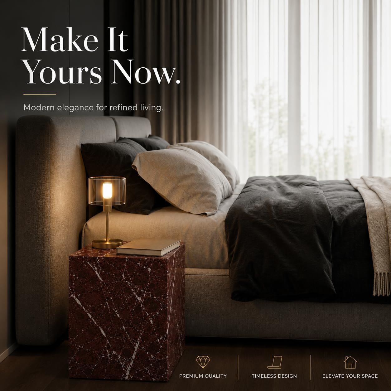 Modern bedroom with bed, nightstand, and lamp, featuring text 'Make It Yours Now.'