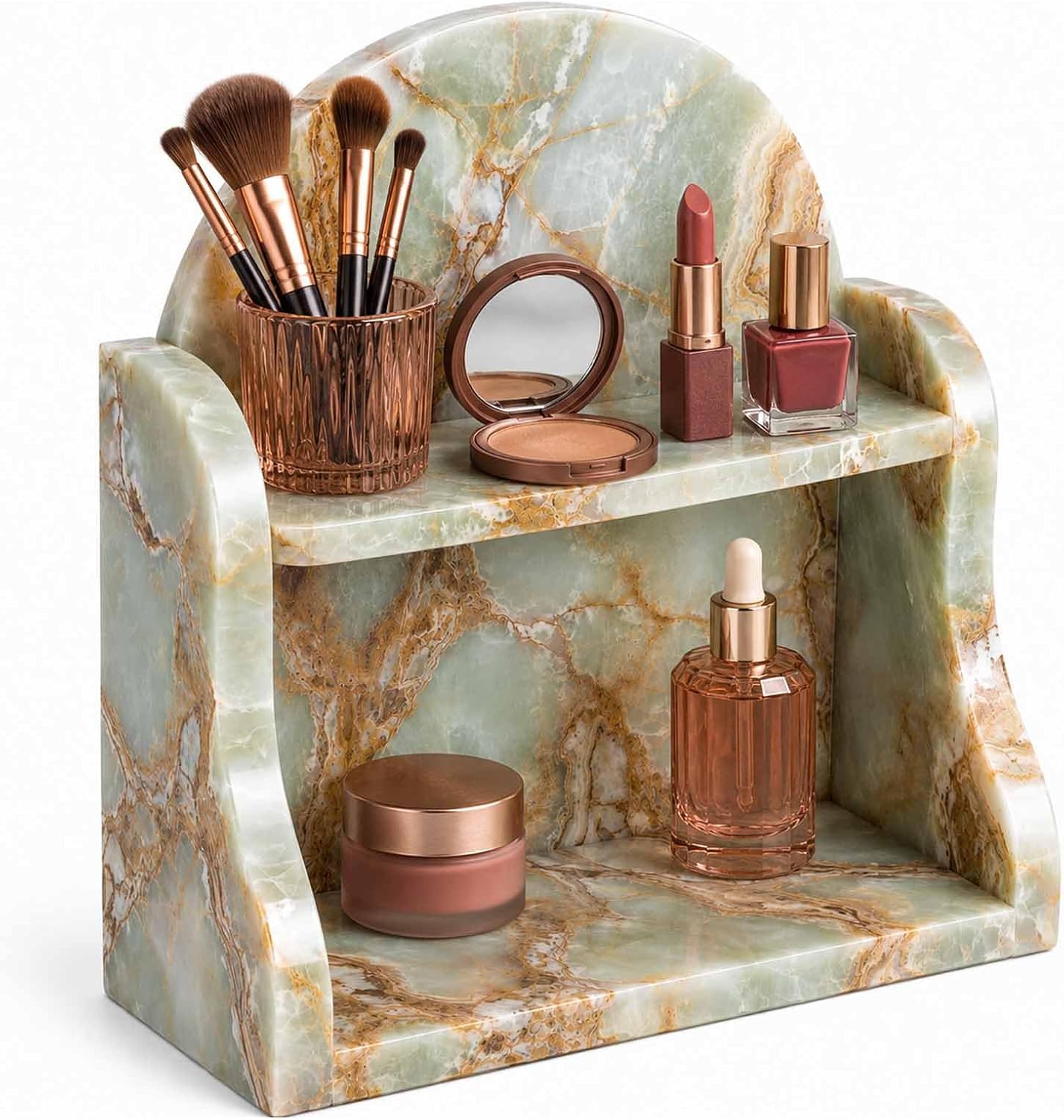 A two-tier vanity organizer made of pale green marble with gold veining, styled with makeup brushes, a compact mirror, lipstick, nail polish, and a serum bottle on a white background.
