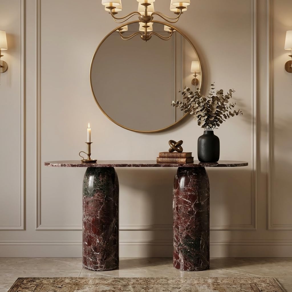 Decorative marble console table with a round mirror, candle, and vase in a stylish room.