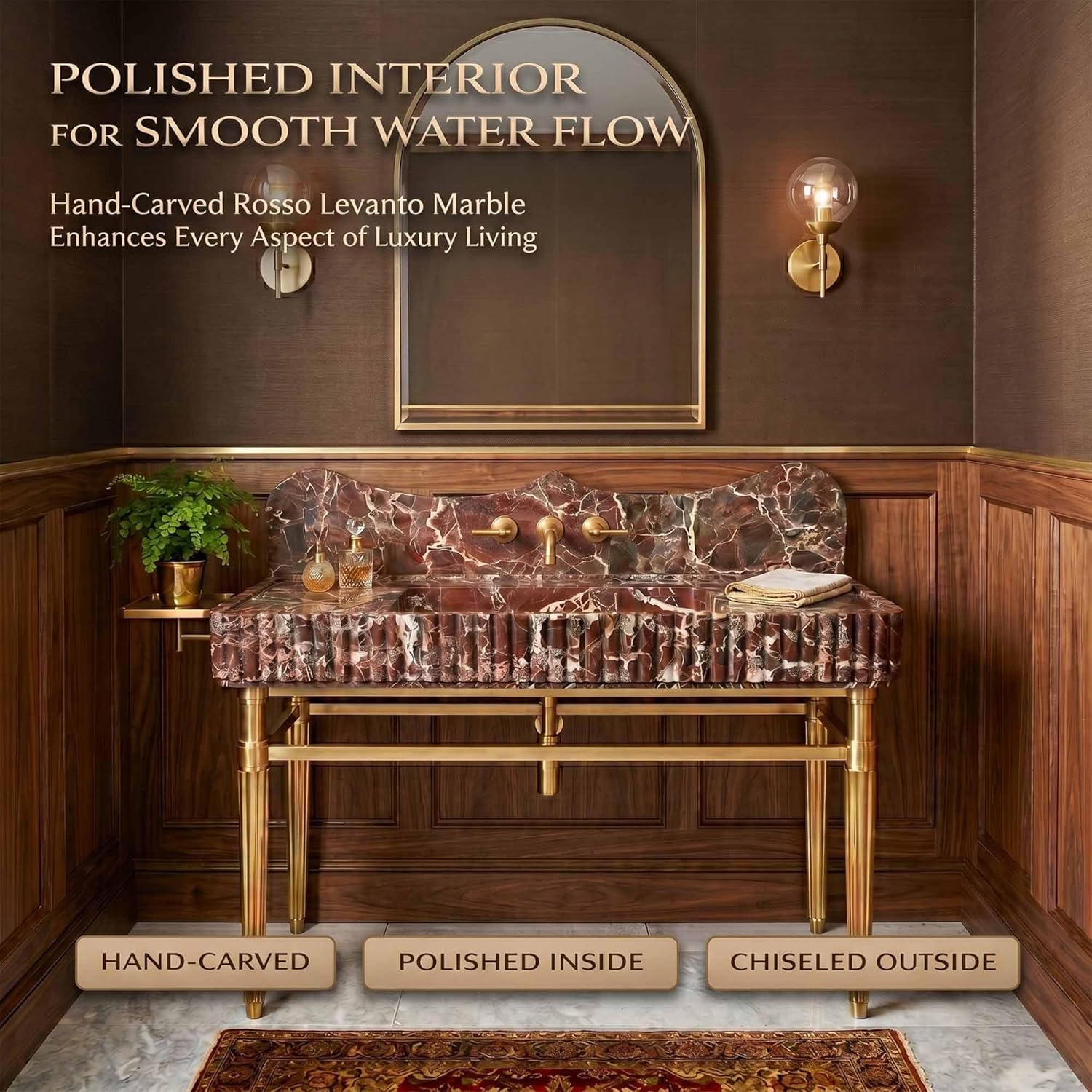 Luxurious bathroom with marble sink and gold fixtures, featuring text about marble quality.