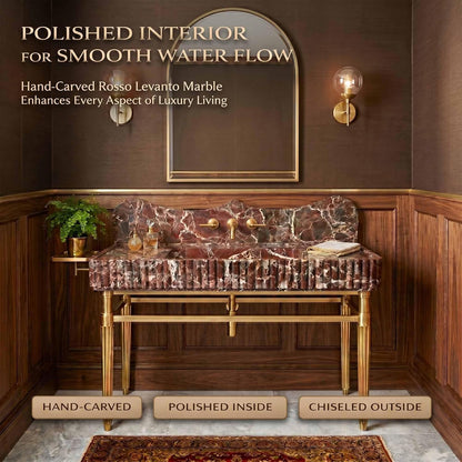 Luxurious bathroom with marble sink and gold fixtures, featuring text about marble quality.