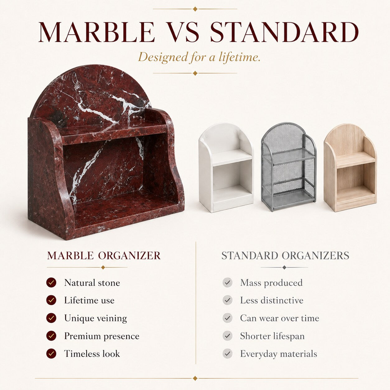 A marketing comparison graphic for a marble shelf organizer versus standard organizers. The main featured product is a dark red marble arched shelf organizer on the left.