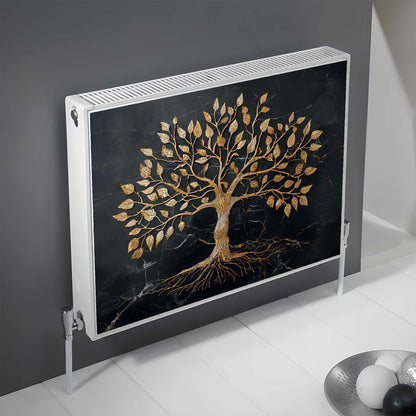 Decorative magnetic radiator cover with a gold tree design on a black background