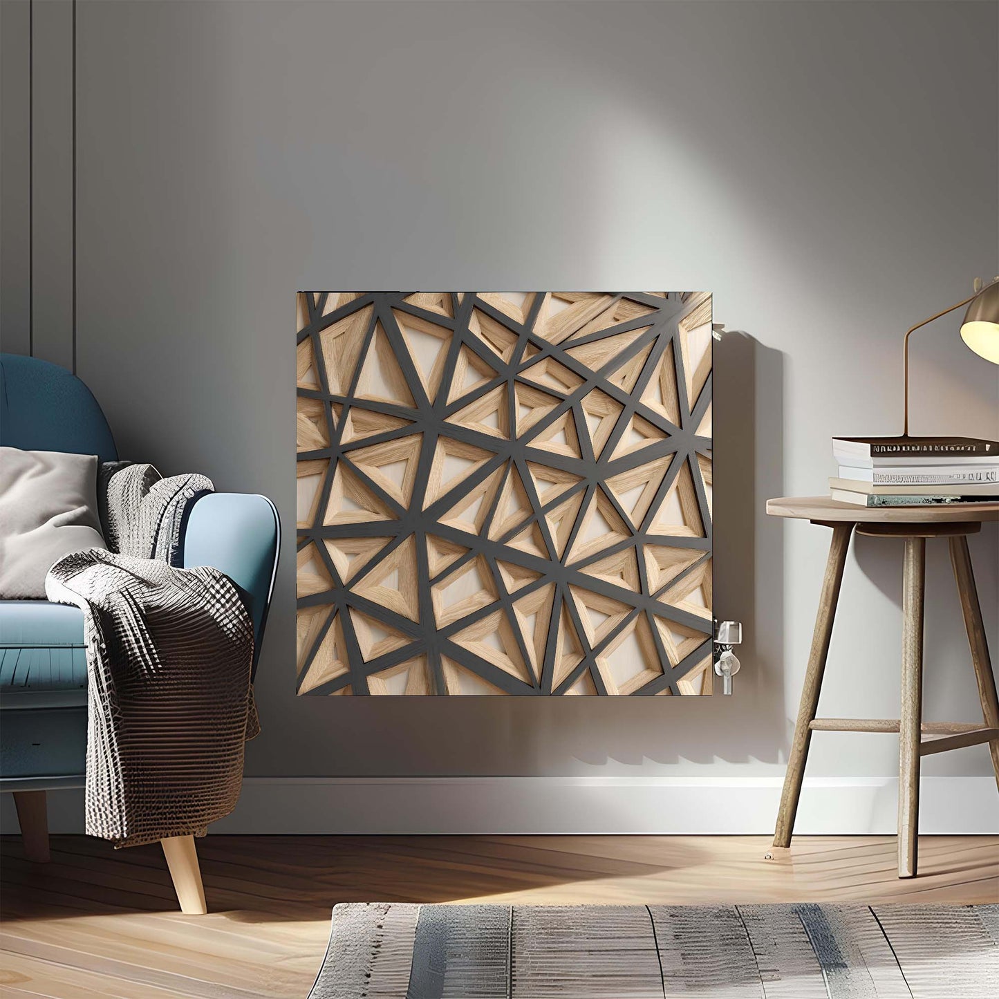Modern living room with a decorative magnetic radiator cover and a blue armchair.