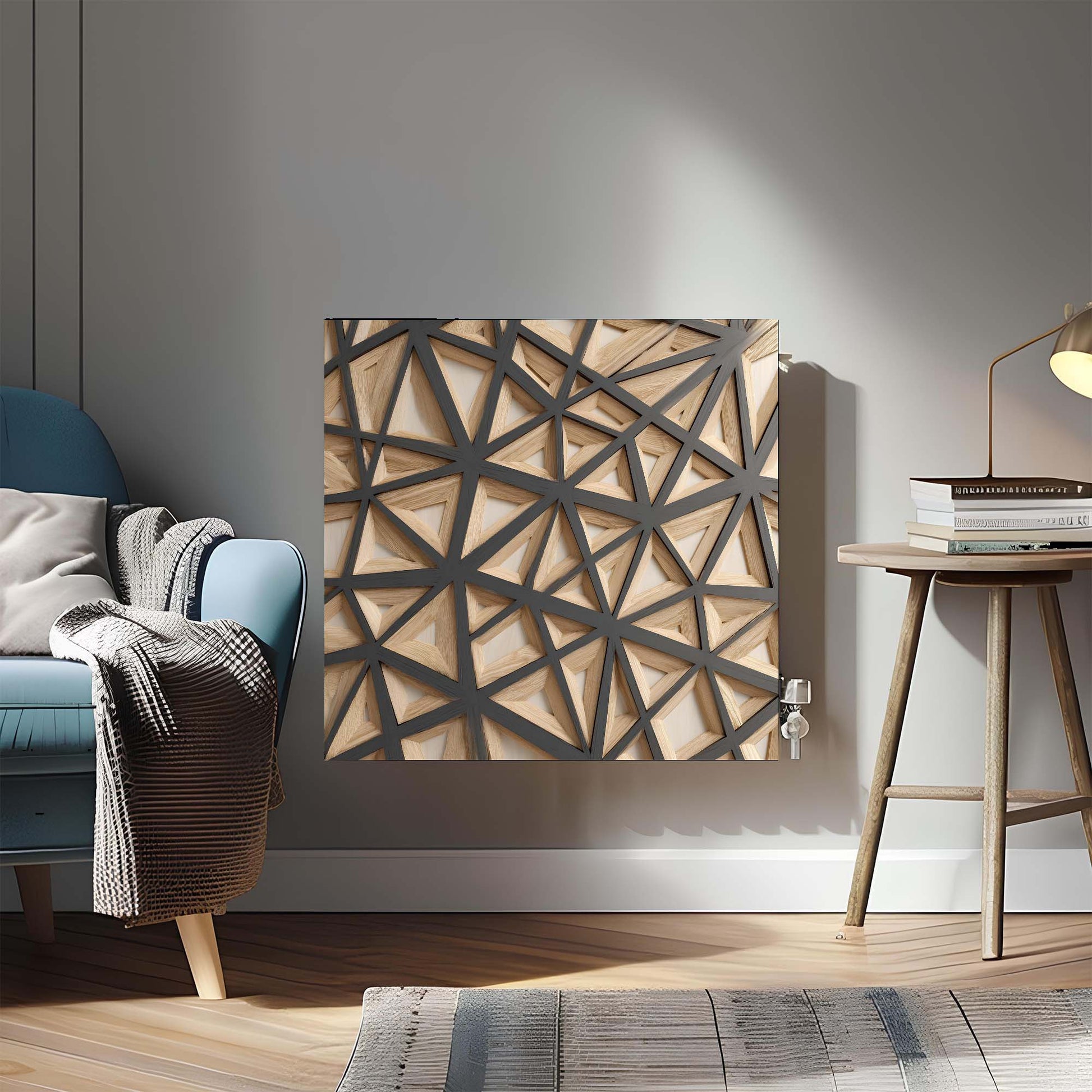 Modern living room with a decorative magnetic radiator cover and a blue armchair.