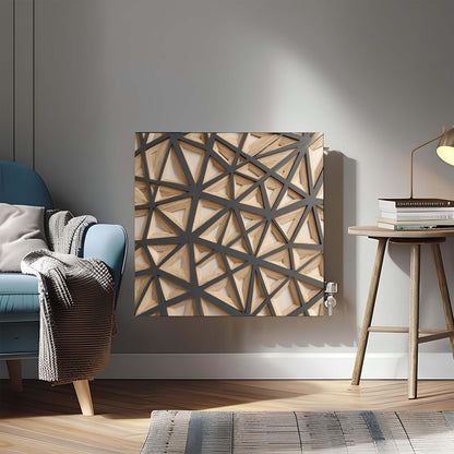 Modern living room with a decorative magnetic radiator cover and a blue armchair.
