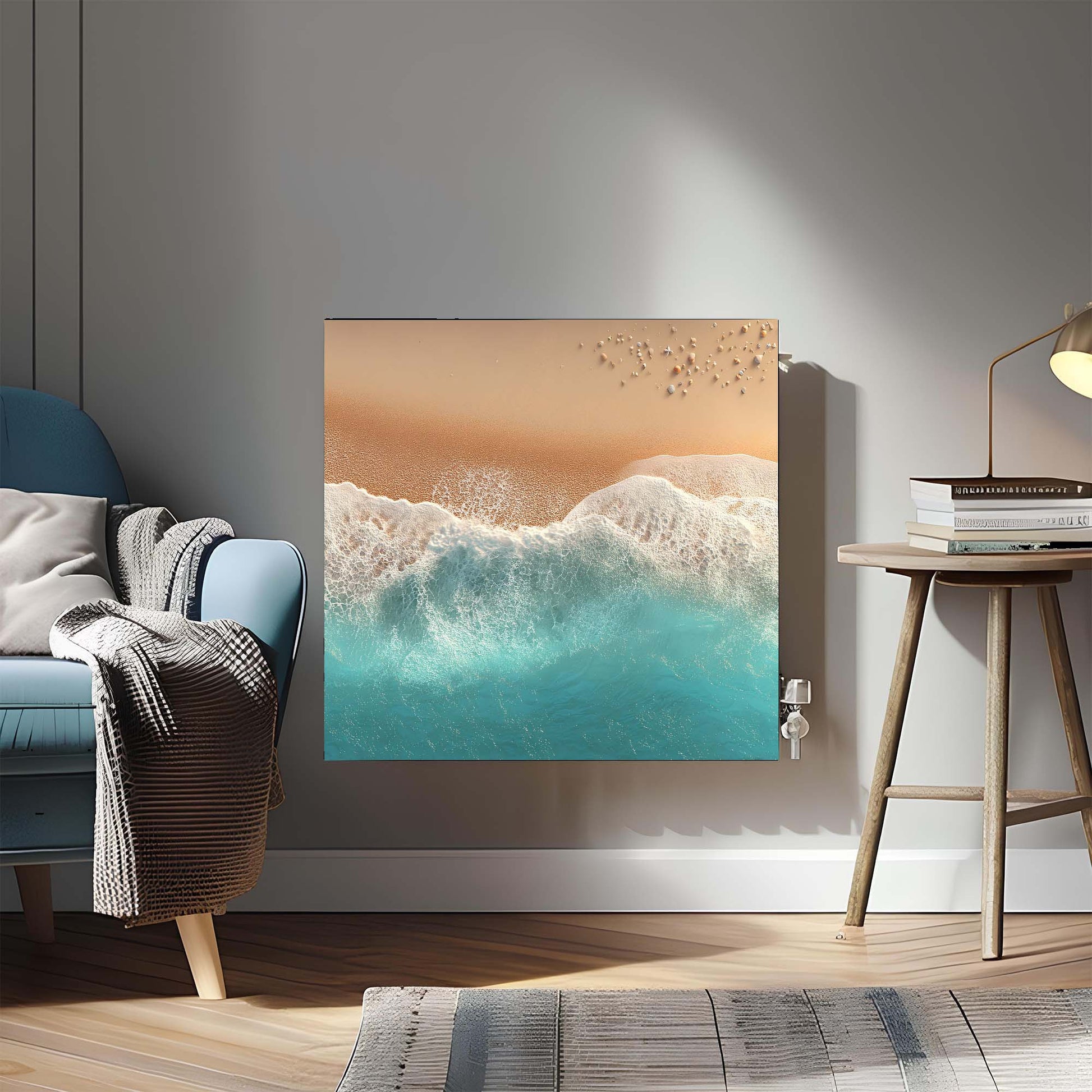 Modern living room with a magnetic radiator cover depicting ocean waves.