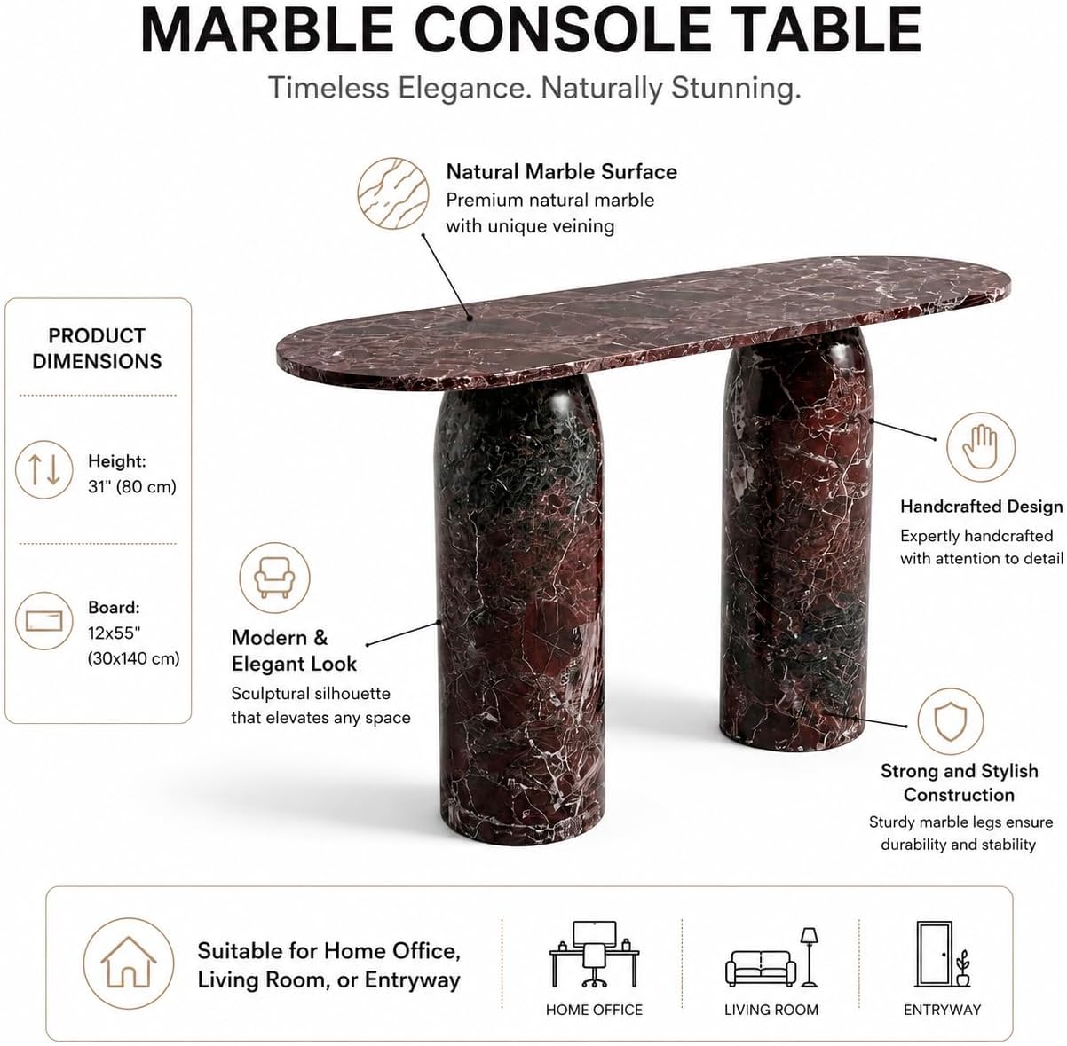 Marble console table with product details on a white background