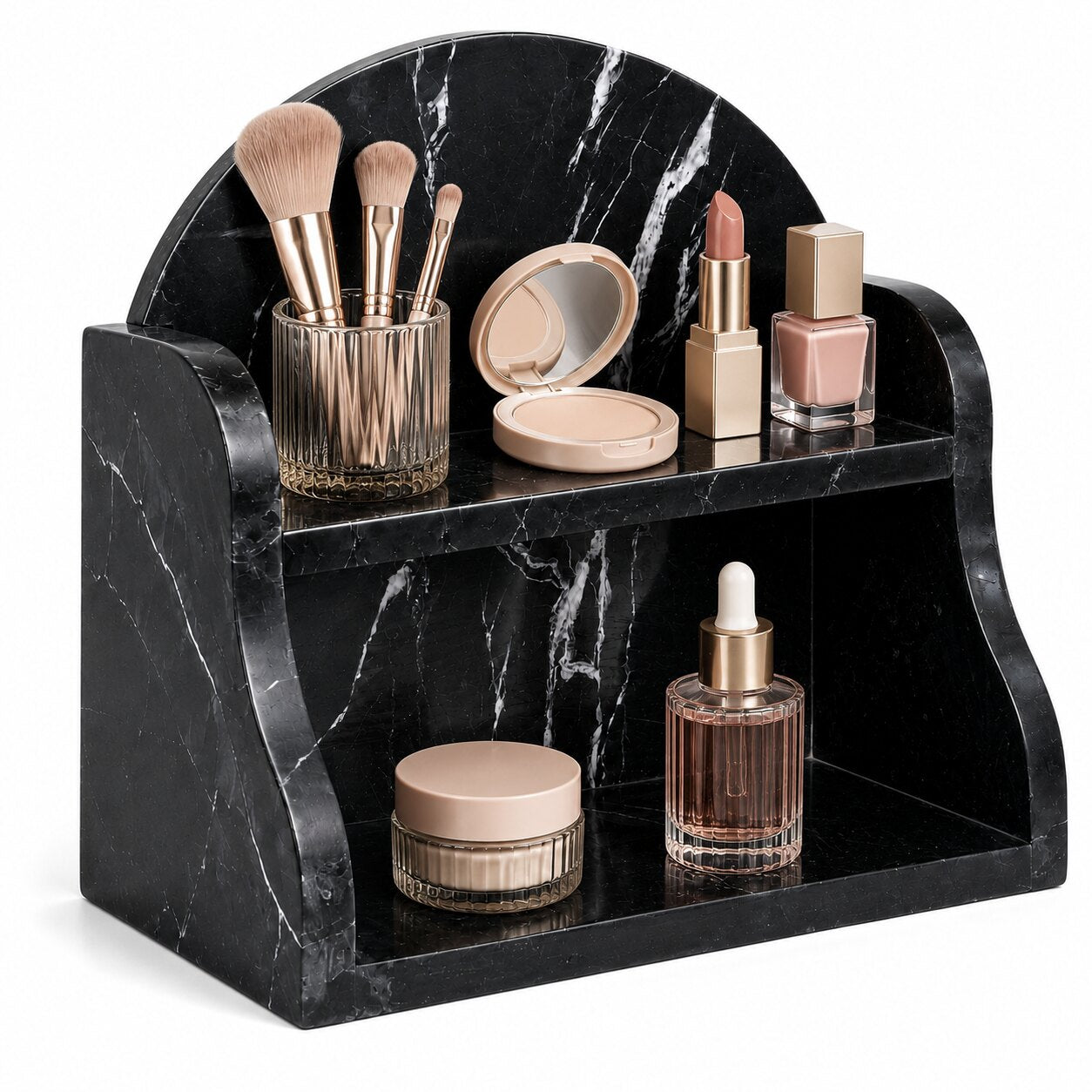 A black marble double-tier makeup organizer holding cosmetic items including brushes, a compact mirror, lipstick, nail polish, cream, and a dropper bottle, shown on a white background.
