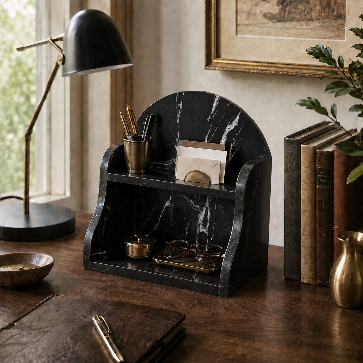 A black marble-look desk organizer with a curved back and two shelves, styled on a wooden desk with a brass lamp, books, glasses, and stationery in a warm indoor setting.
