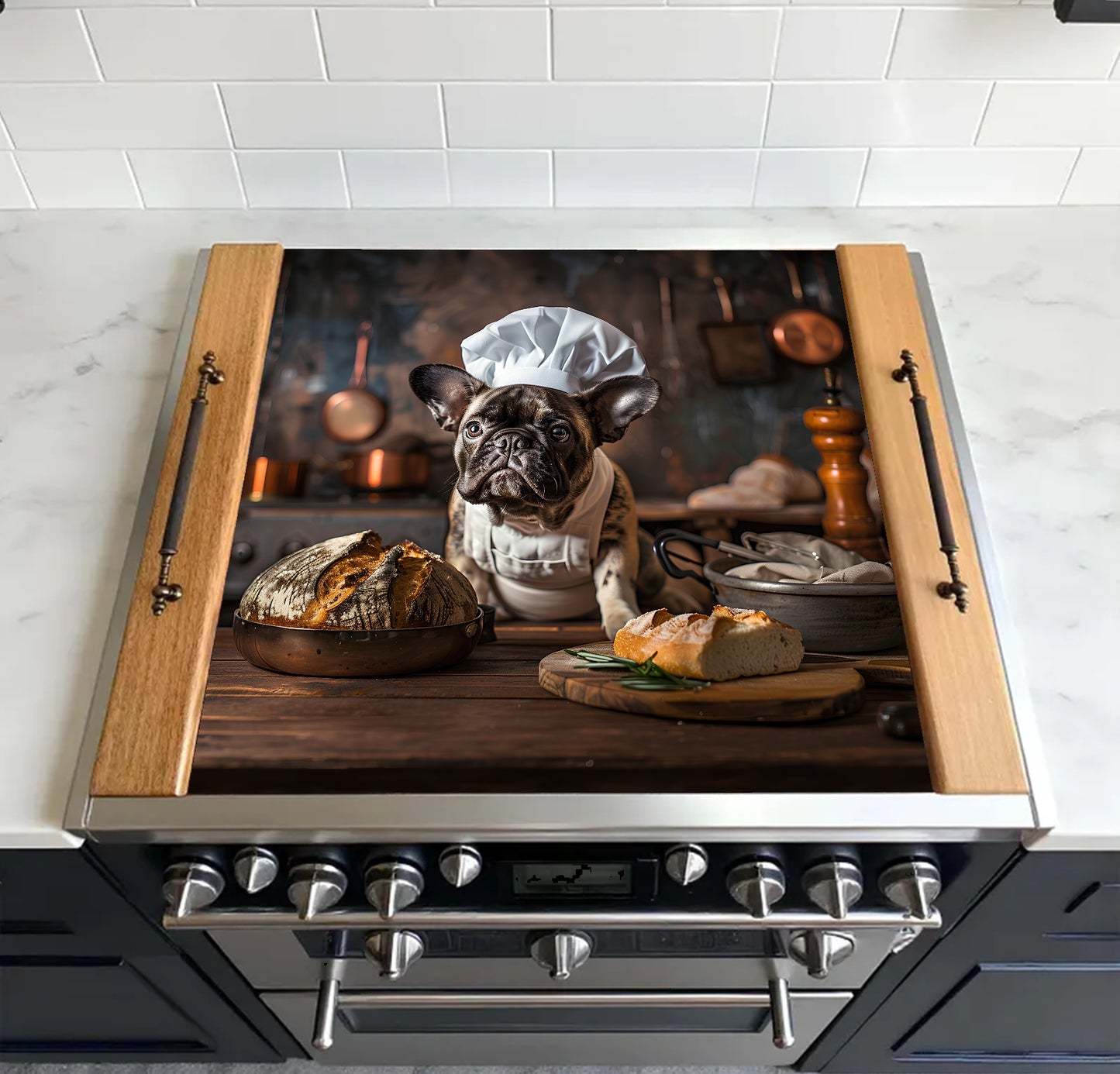 Stainless steel oven with a decorative glass panel featuring a dog in a chef's outfit.