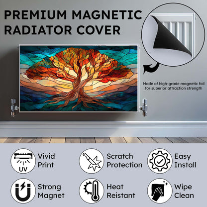 Premium magnetic radiator cover with colorful design on a metallic surface, featuring text and icons about product features.