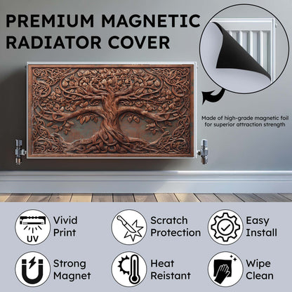 Premium magnetic radiator cover with tree design on a gray background