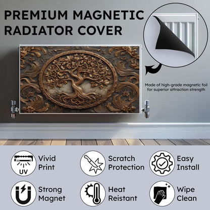 Premium magnetic radiator cover with decorative design on a metallic surface, featuring text and icons highlighting features.