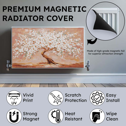Premium magnetic radiator cover with artistic design on a radiator, featuring text and icons highlighting features.