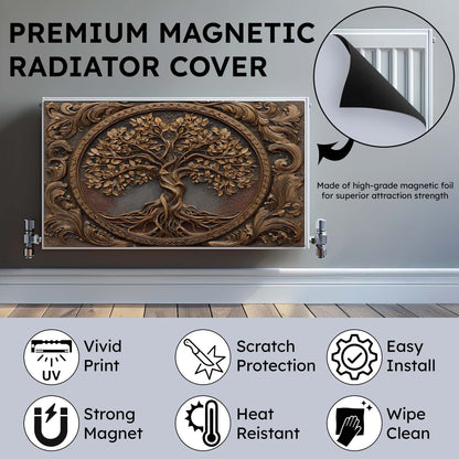 Decorative radiator cover with tree design on a metallic surface, featuring text and icons about product features.