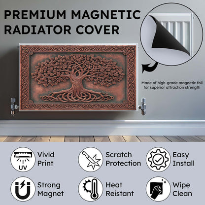 Premium magnetic radiator cover with tree design on a metallic surface, featuring text and icons about product features.