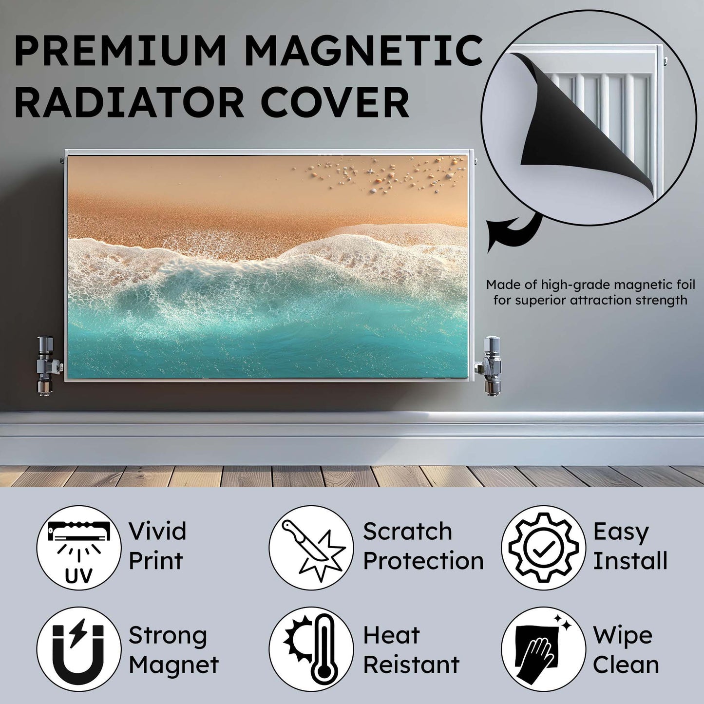 Premium magnetic radiator cover with beach scene and product features listed.