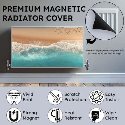 Premium magnetic radiator cover with beach scene and product features listed.