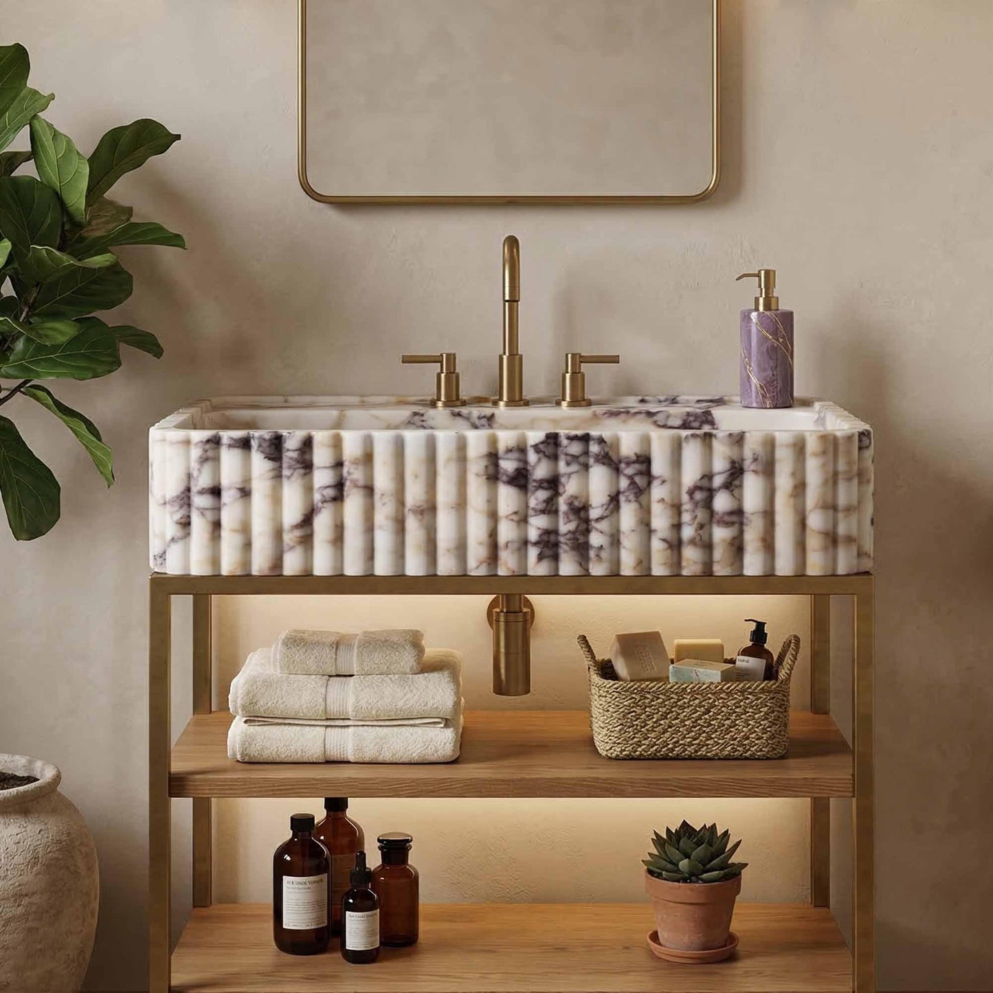 Calacatta Viola Hand-Carved Marble Sink | Fluted Vessel & Wall-Mount | Custom Size E-24