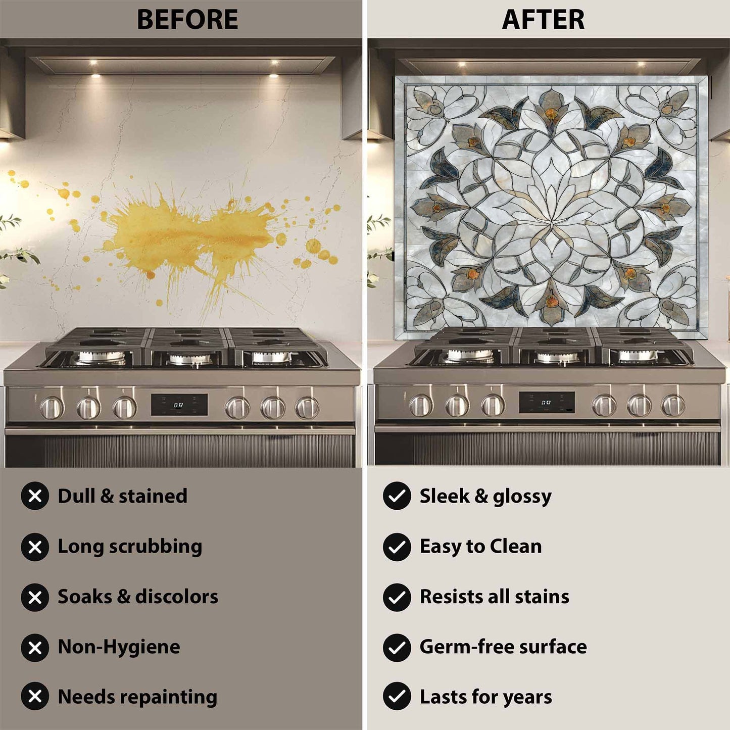 Before and after comparison of a kitchen stove with a decorative glass backsplash.