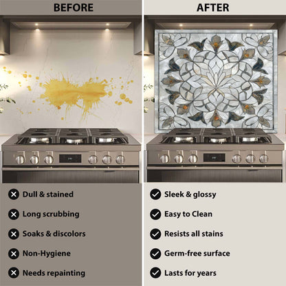Before and after comparison of a kitchen stove with a decorative glass backsplash.