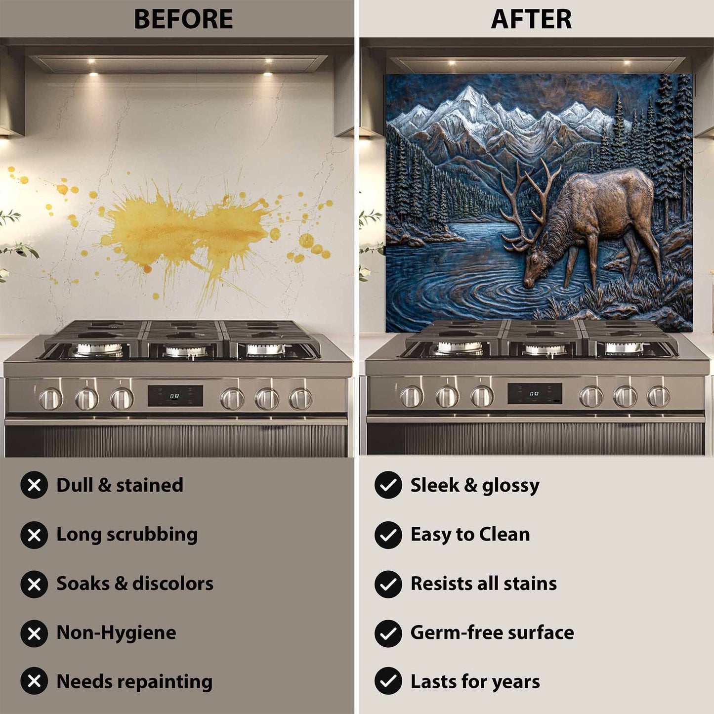 Before and after comparison of a kitchen stove with a decorative glass backsplash