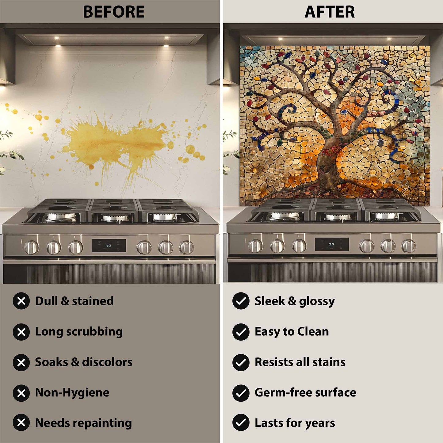 Before and after comparison of a kitchen stove with a decorative backsplash.