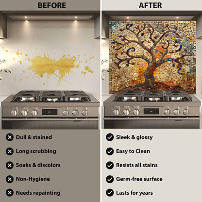 Before and after comparison of a kitchen stove with a decorative backsplash.