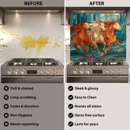 Three galloping horses in a stained glass forest design on tempered glass backsplash, adding motion, warmth, and artistic depth to kitchens.