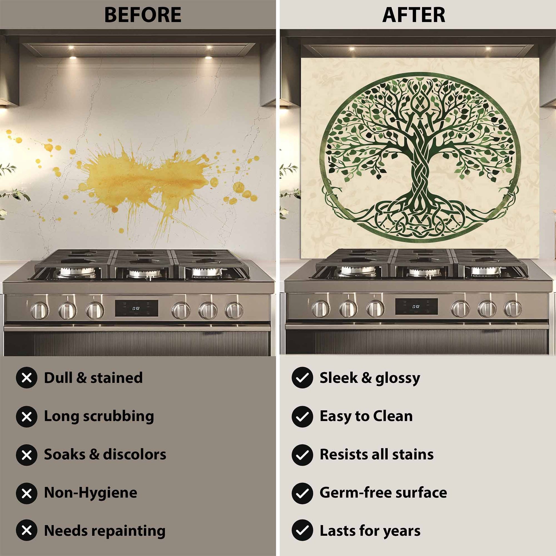 Before and after comparison of a kitchen stove with a decorative backsplash